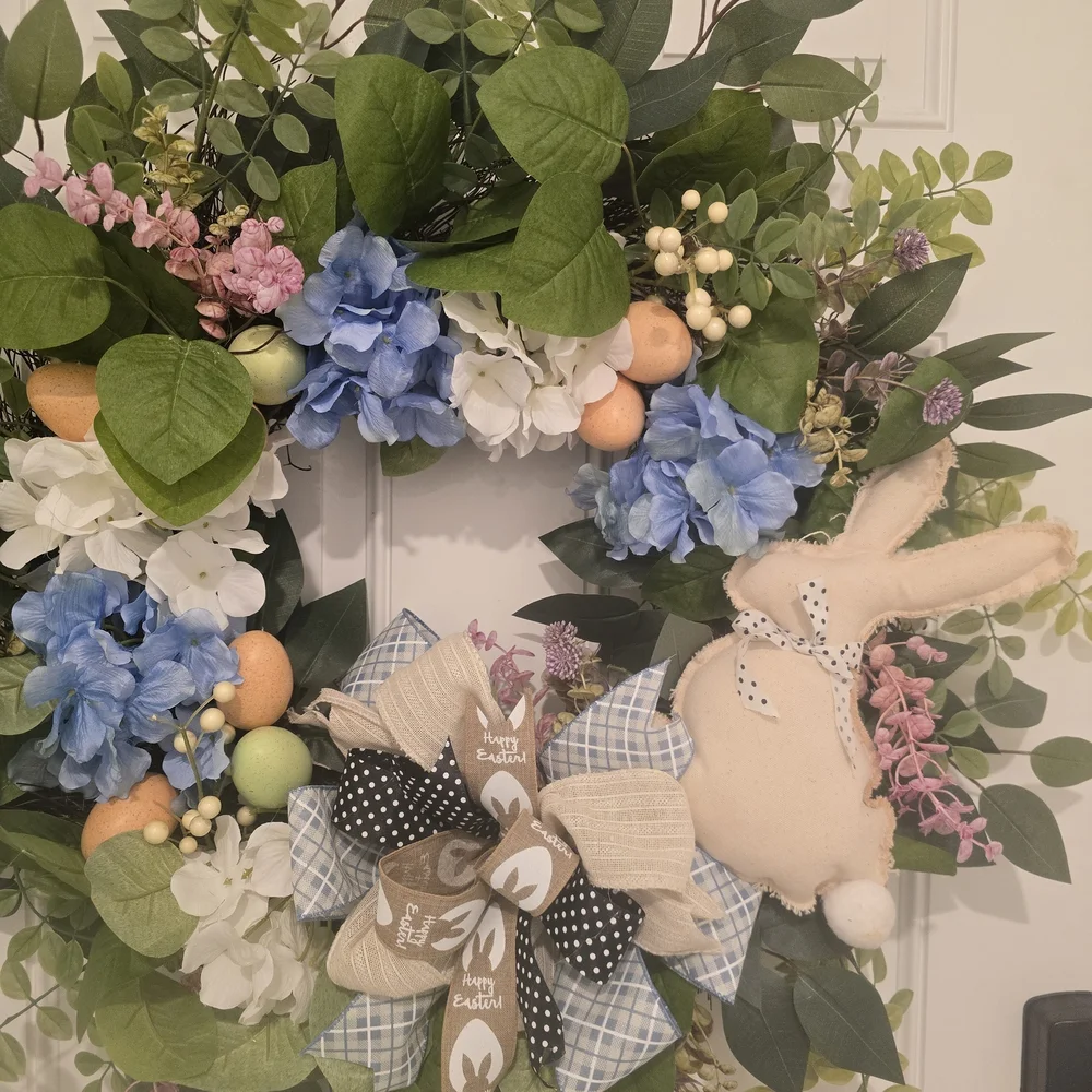 Spring Floral Easter Wreath with Bunny Accents